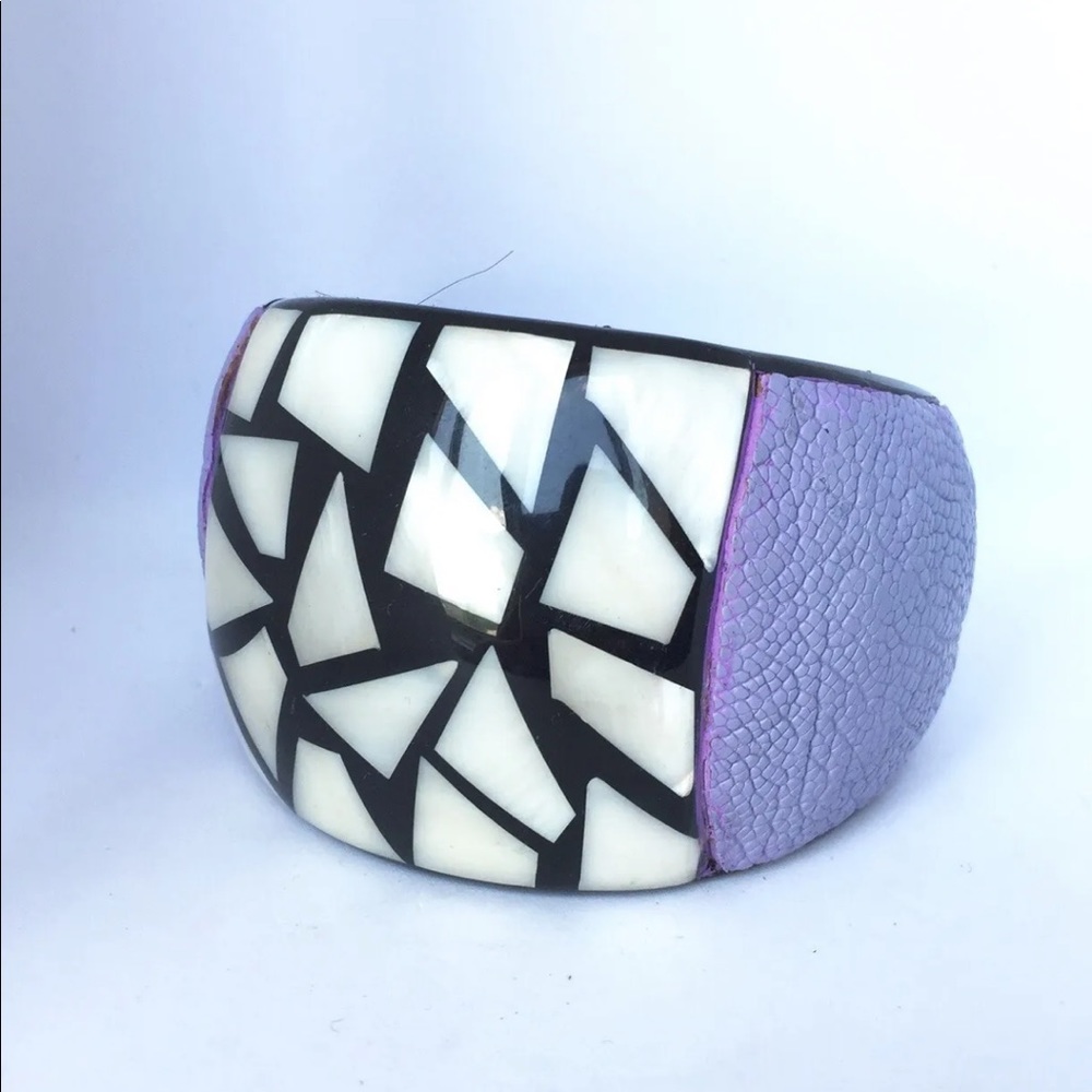 2/$20 Crocodile Embossed Leather Chunky Bangle Black white Geometric Lavender